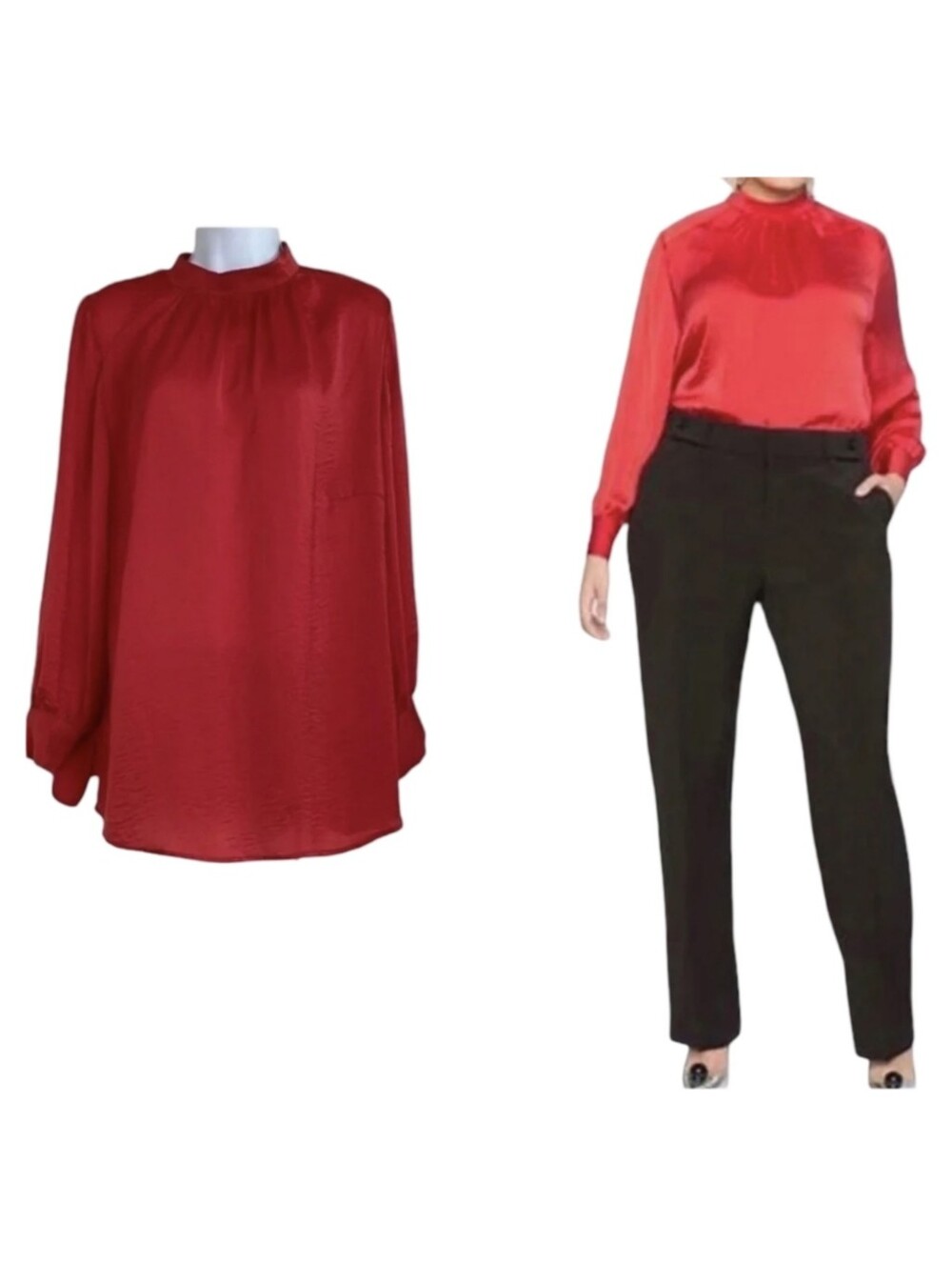 ELOQUII Red Satin Mock Neck Bishop Long Sleeve Career Blouse Top Size 16 Shirt